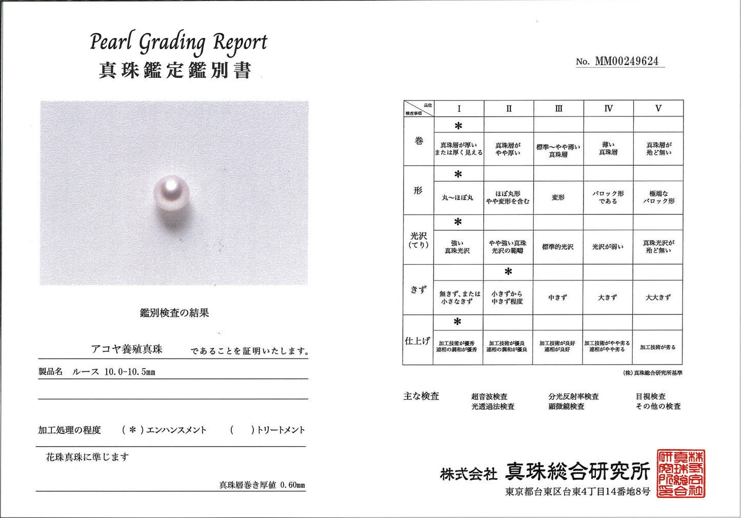 【特別価格】希少な大珠【アコヤ真珠準花珠10.0mm】ルース片穴 真珠総合研究所の真珠鑑定鑑別書付