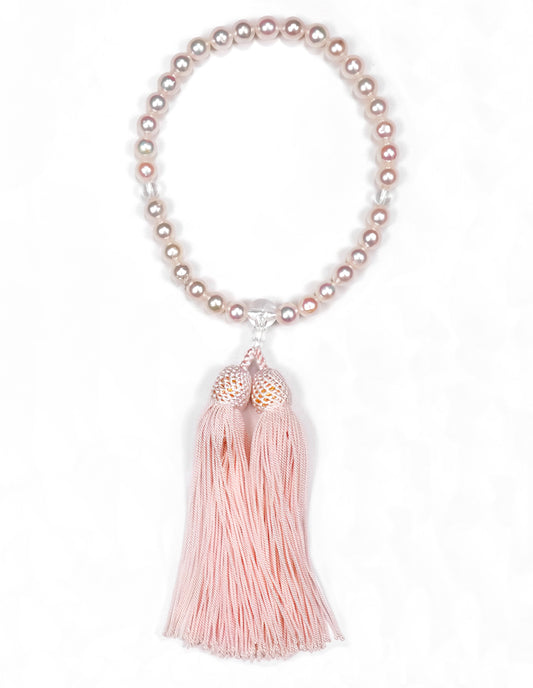 パール念珠 直径7.5〜8.0mmのアコヤ真珠と水晶、正絹を使用 PNJ-7.5-OZ250227ピンク