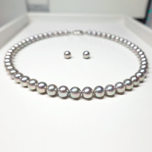 コバルトパールネックレス+ピアス(イヤリング)セット ブルーグレー系色の非常に光沢の良い真珠を使用(7.5〜8.0mm) PNC75-SE03052802