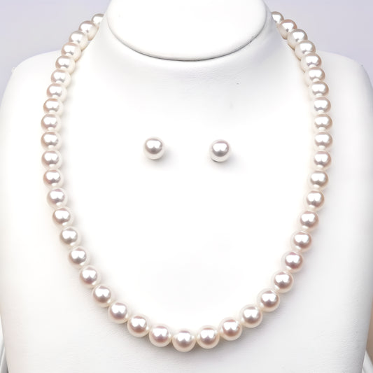花珠真珠ネックレス+イヤリング(ピアス)セット 巻きが厚く照りが強い高級な花珠真珠(8.0〜8.5mm) MM…925