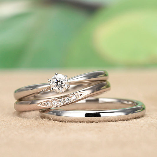 ブライダルリングセット 結婚指輪は変形やキズに非常に強い鍛造リング 女性用は緩やかなU字デザインの淡いピンクゴールド Bs1007Pt16ct/KK82-20D5PG-KK80-25Pt(鍛造)