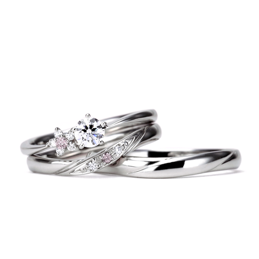 花びらデザインの婚約指輪が特徴的 天然ピンクダイアとH&Cダイヤモンドを使用したブライダルリングセット BsJTR23-O21Kph23-0.20ct,F,VS2,3EX,HC