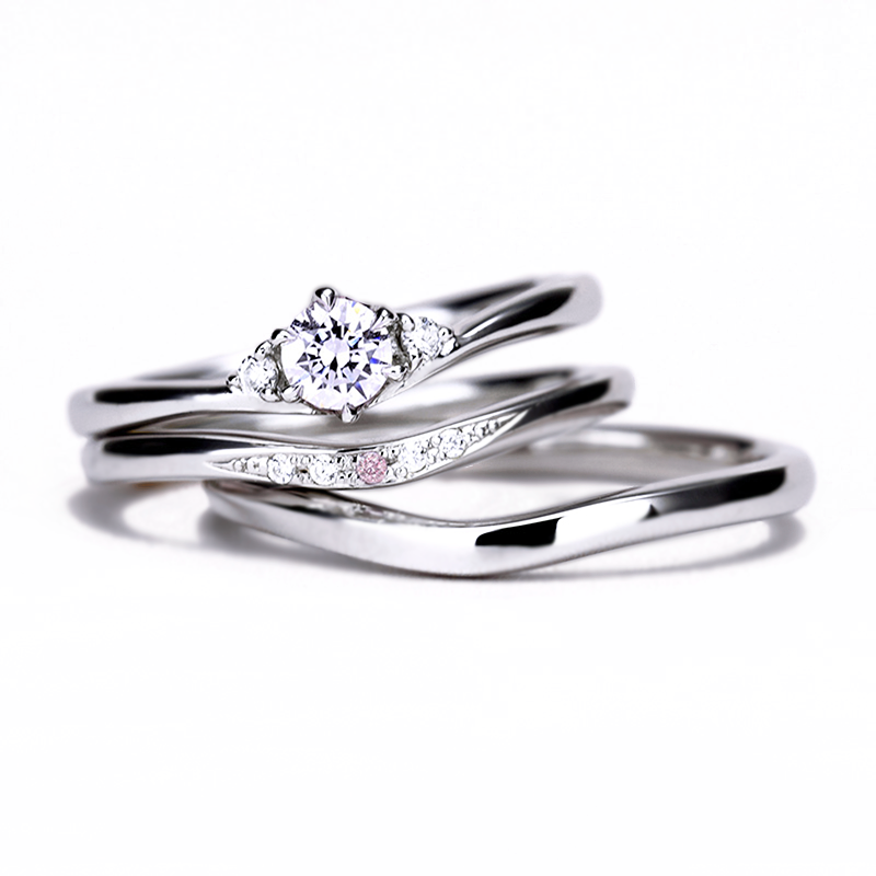 緩やかなV字が人気のブライダルリングセット 結婚指輪にピンクダイヤを使用 BsHaPE02n-TRM213p1-214-0.20ct,D,VS2,3EX,HC