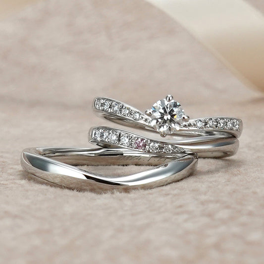 HarmonyPremium-6pリングセット 婚約指輪に大粒の0.30ctダイヤモンド、結婚指輪にピンクダイヤを使用 高純度ハードプラチナ製リングセット BsHaPre6p-0.30ct,D