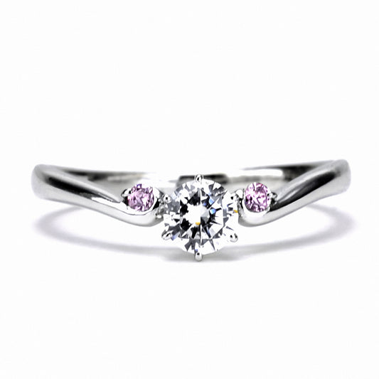 婚約指輪 大きめのピンクメレダイヤモンドを使用 ウェーブとV字が融合した優しいデザインの高級エンゲージリング EK1026p-0.30,D,VS1,3EX,HC-Pt