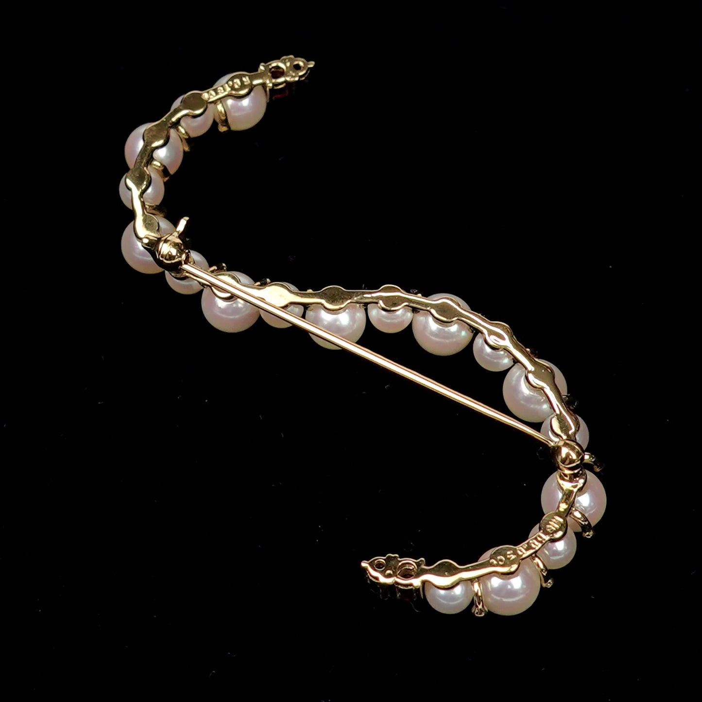 パールブローチ ピンク系のアコヤ真珠とルビーで作った高品質ブローチ-K18YG RR-P18-Ru-D-K18