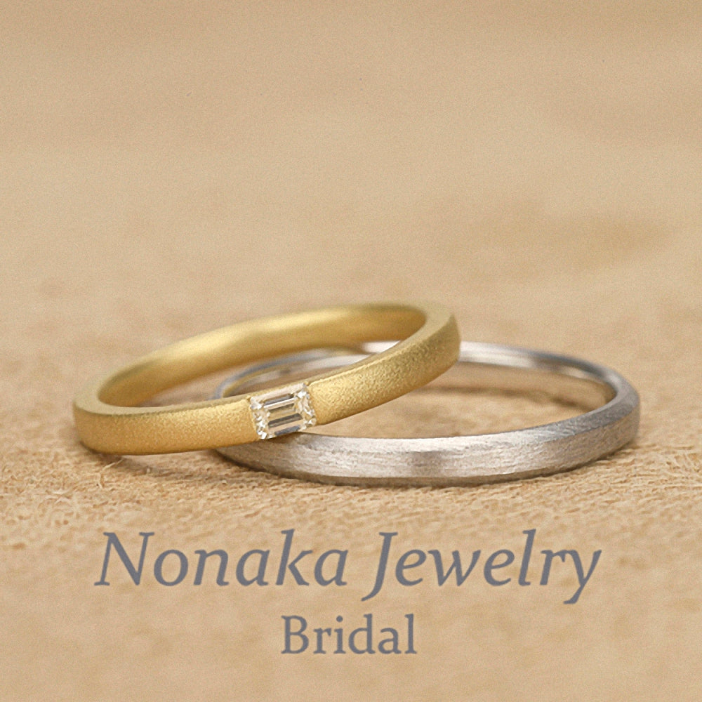 エメラルドカットダイヤモンド結婚指輪ペア つや消しを施したゴールドとプラチナのマリッジリング MpJTH-EM01-K18-ODM10-Pt