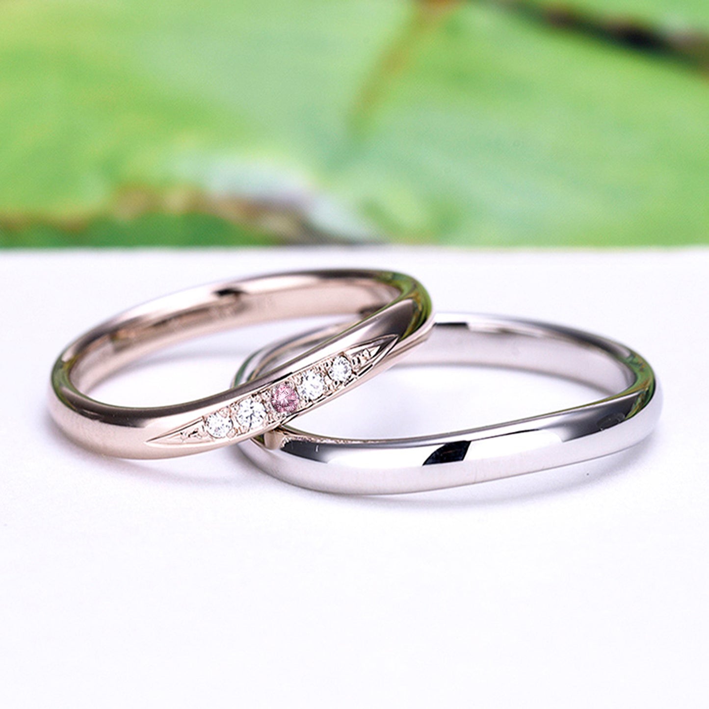 【鍛造】鍛造結婚指輪ペアCLG/Pt 淡いピンクゴールドとプラチナのペアリング ピンクダイヤと最高級カットH&Cダイヤを使用 MpKK81-25Dp1h4-K18CLG-25-Pt