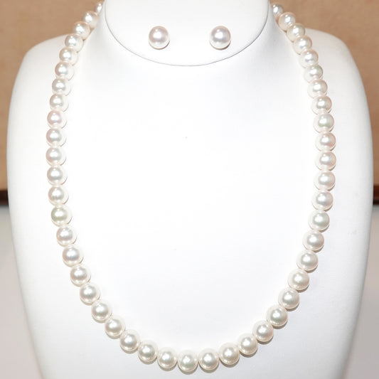 真珠ネックレス+イヤリング(ピアス)セット7.5〜8.0mm シルバーホワイト系のキレイな真珠