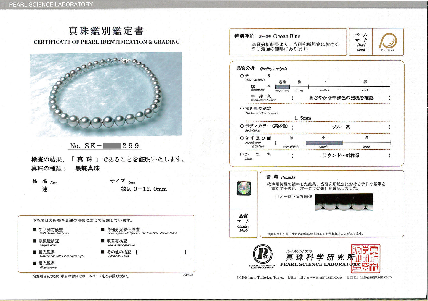 黒蝶真珠ネックレス オーロラオーシャンブルー(OceanBlue) ブルーグレー系で色照りが非常に良い高品質な真珠【真珠科学研究所鑑定鑑別書付】 N-KC-OCB-9.0~12.0mm-SKXXX299