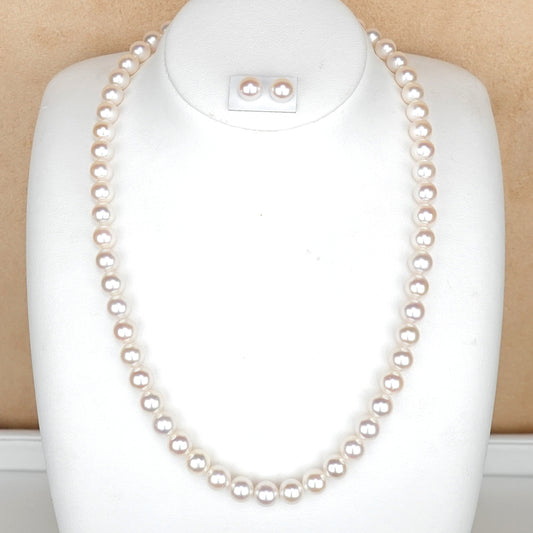 真珠ネックレス+イヤリング(ピアス)セット-7.0〜7.5mm 上品な淡いピンク系の真珠 PNE70-TG09032103