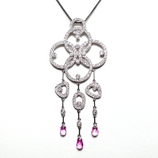 【ピンクサファイヤ/ダイヤモンドペンダントトップ】 ダイヤモンドとK18WGをふんだんに使用した大振りな高級ペンダント(ブリオレットカット)PN-PsDi-K18WG-サファイア2.00ct/ダイヤ0.75ct