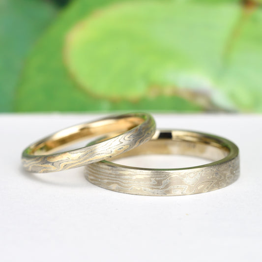 【杢目金:もくめがね】結婚指輪ペア 世界に1つのだけの結婚指輪、日本独自の伝統工芸技法で手作り MpTHS02-25PG-THS01-35WG