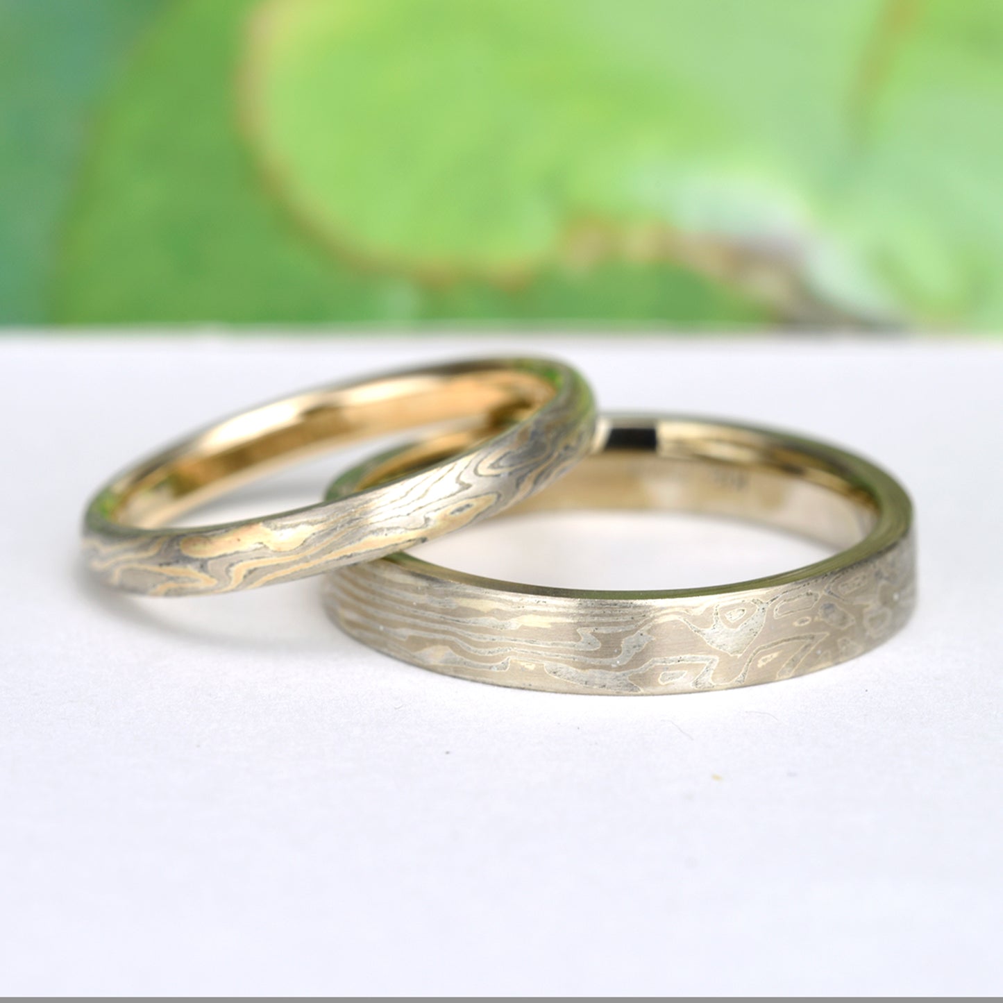 【杢目金:もくめがね】結婚指輪ペア 世界に1つのだけの結婚指輪、日本独自の伝統工芸技法で手作り MpTHS02-25PG-THS01-35WG