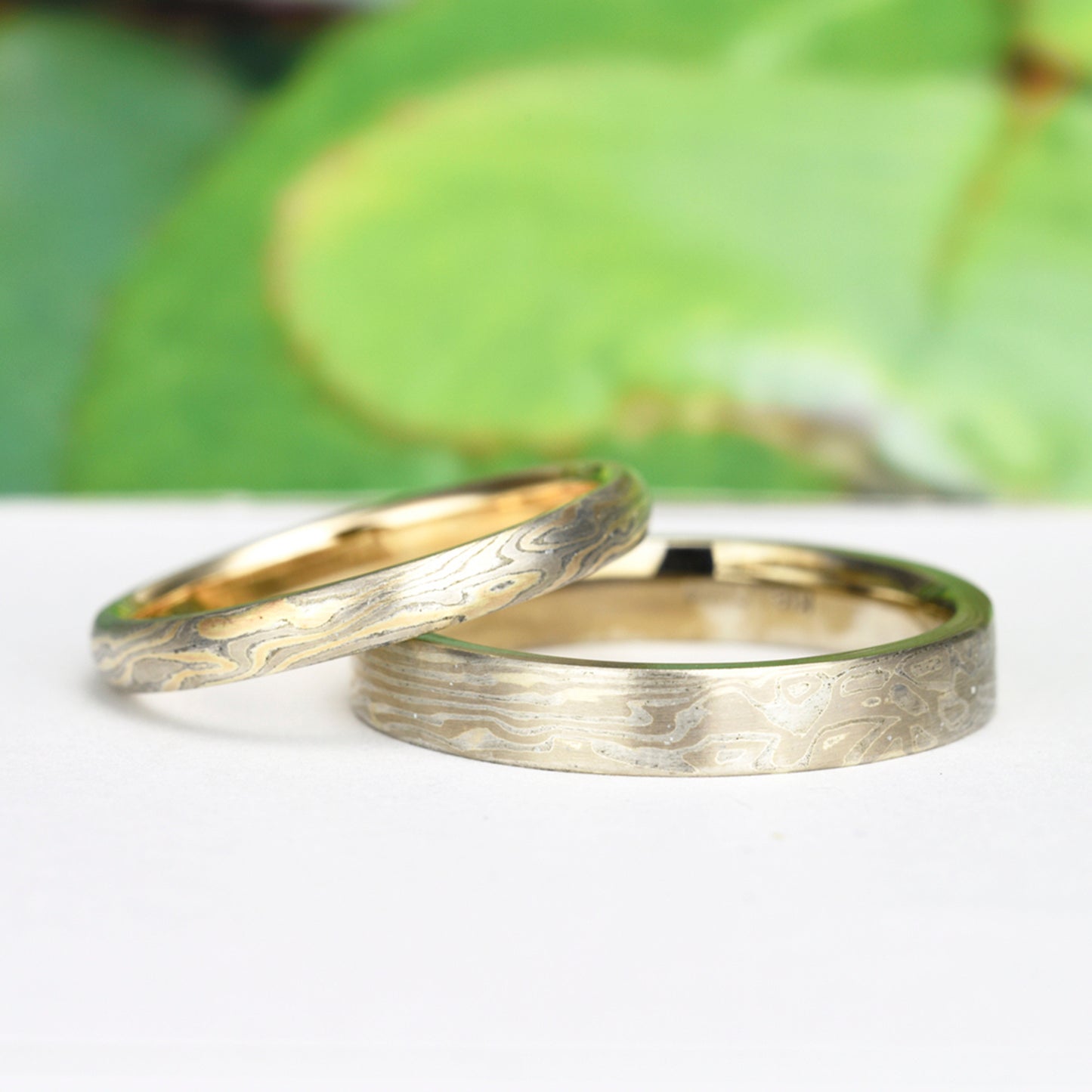 【杢目金:もくめがね】結婚指輪ペア 世界に1つのだけの結婚指輪、日本独自の伝統工芸技法で手作り MpTHS02-25PG-THS01-35WG