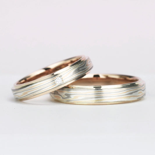 杢目金(もくめがね)結婚指輪ペア 世界に1つのだけの結婚指輪、日本独自の伝統工芸技法で手作り、女性用にH&Cダイヤモンドを使用 MpTHS01-DT-PG-S25Dh1-L30