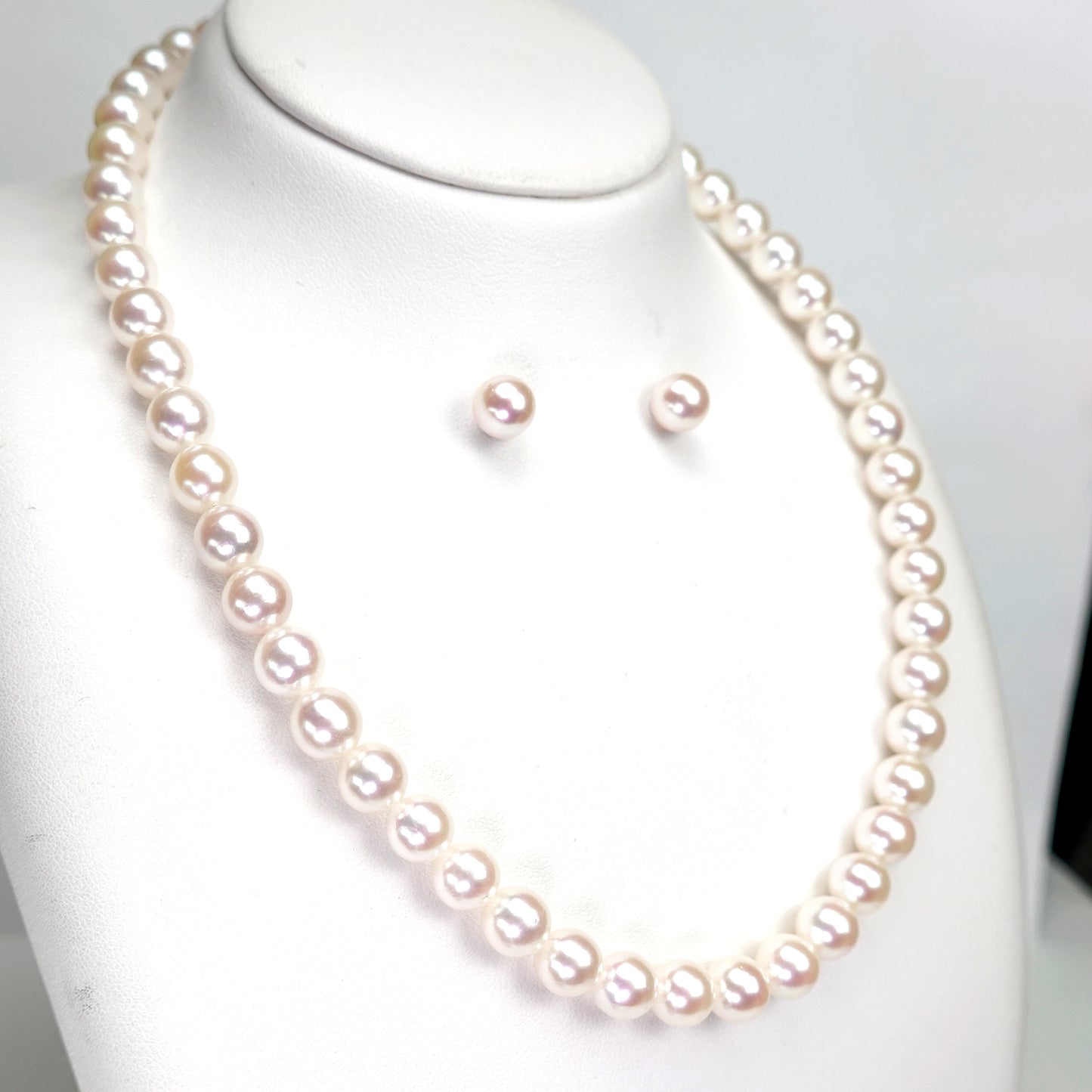 ［無調色］真珠ネックレス＋イヤリング（ピアス）セット7.5〜8.0mm 無調色では珍しい淡いピンク系で照りの良いアコヤ真珠 PNE-Mu75-OK2600102