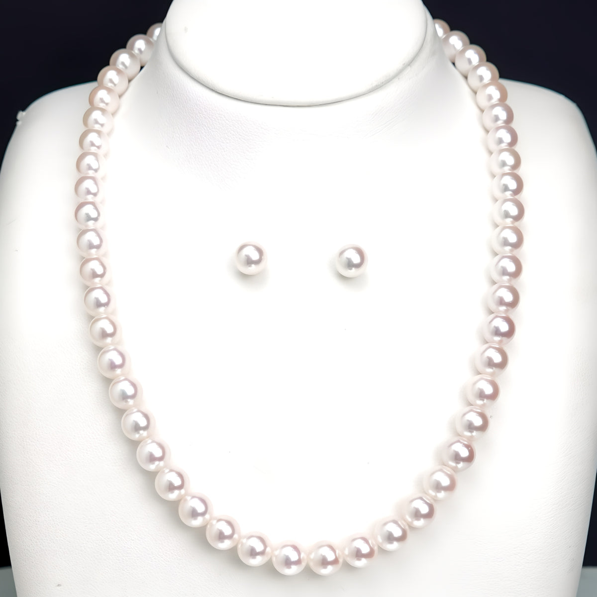【花珠】真珠ネックレス＋イヤリング（ピアス）セット-7.5〜8.0mm、「テリ最強」の評価［真珠総合研究所/真珠鑑定鑑別書付］PNE75-花珠-MM…871