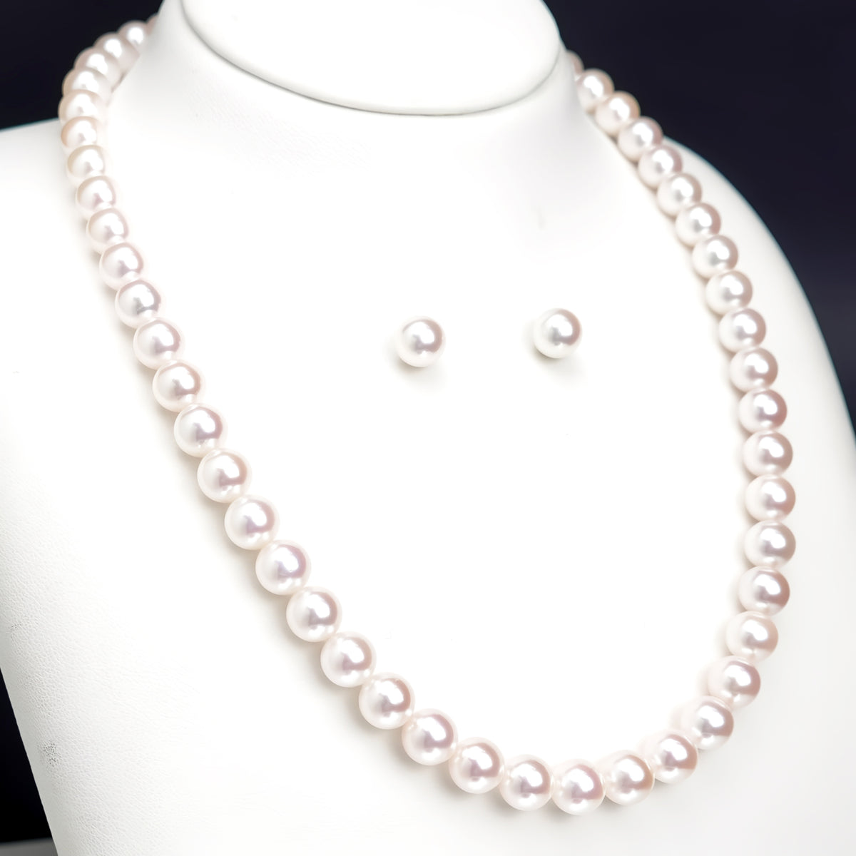 【花珠】真珠ネックレス＋イヤリング（ピアス）セット-7.5〜8.0mm、「テリ最強」の評価［真珠総合研究所/真珠鑑定鑑別書付］PNE75-花珠-MM…871