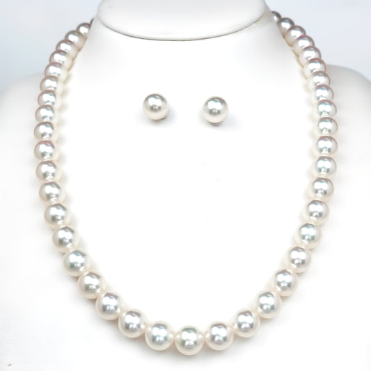 【オーロラ花珠】［8.5〜9.0mm］真珠ネックレス＋ピアス（イヤリング）セット シルバーホワイト系の落ち着きのある上品な色です。【真珠科学研究所花珠鑑別鑑定書付】 PNE85-花珠-SS-XXX731