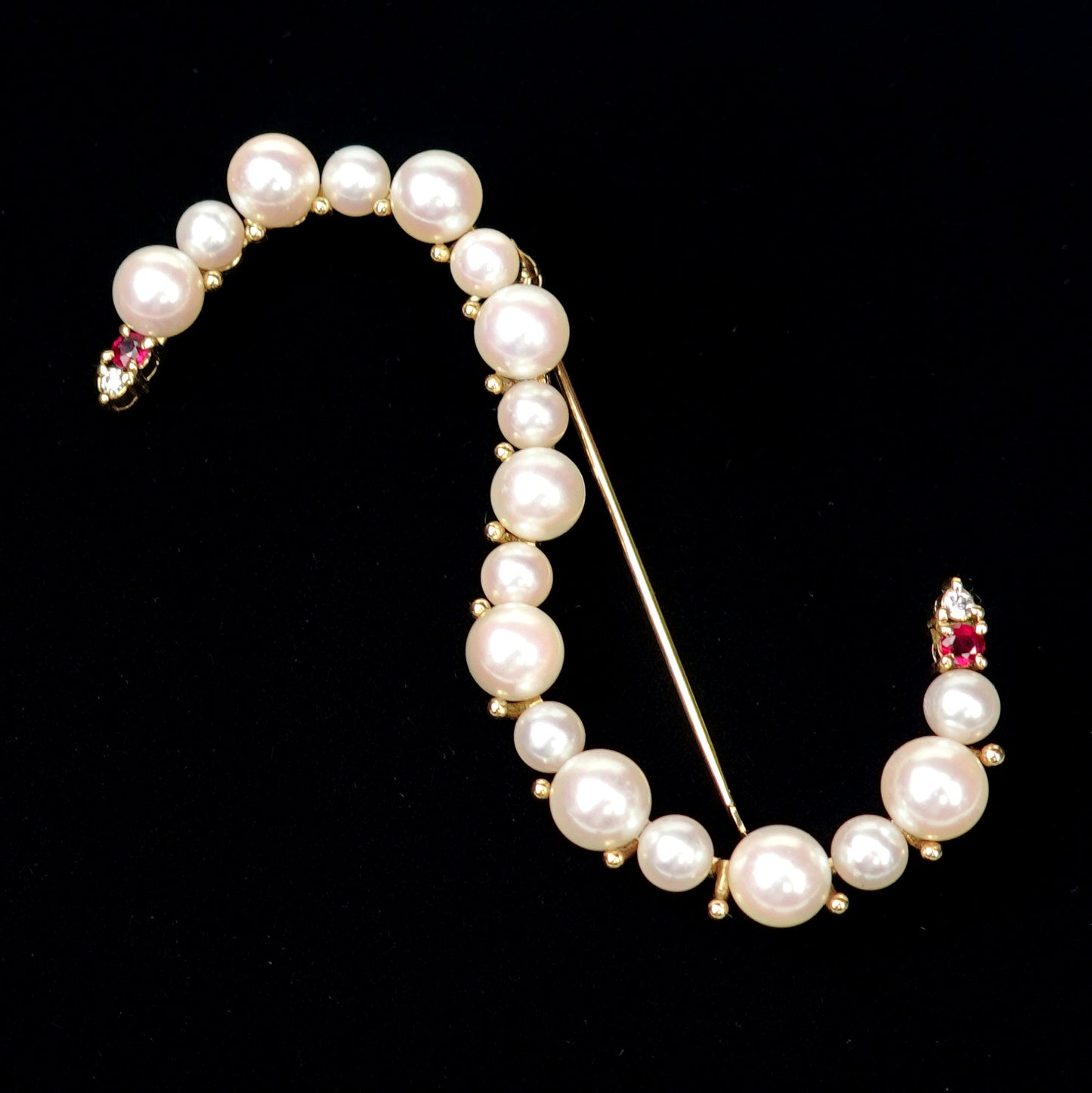 パールブローチ ピンク系のアコヤ真珠とルビーで作った高品質ブローチ-K18YG RR-P18-Ru-D-K18