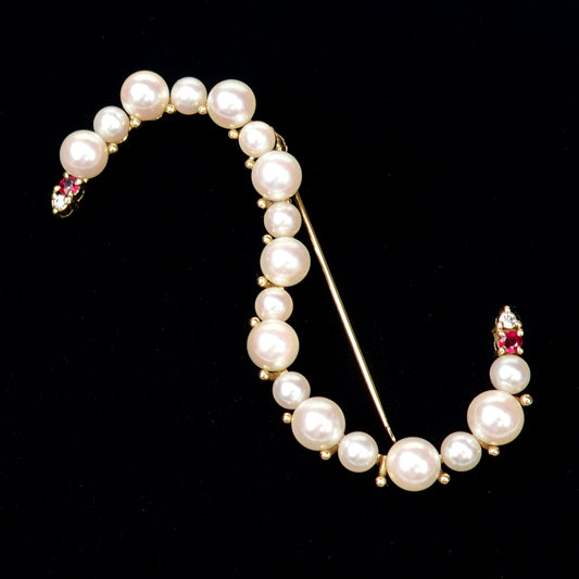 パールブローチ ピンク系のアコヤ真珠とルビーで作った高品質ブローチ-K18YG RR-P18-Ru-D-K18