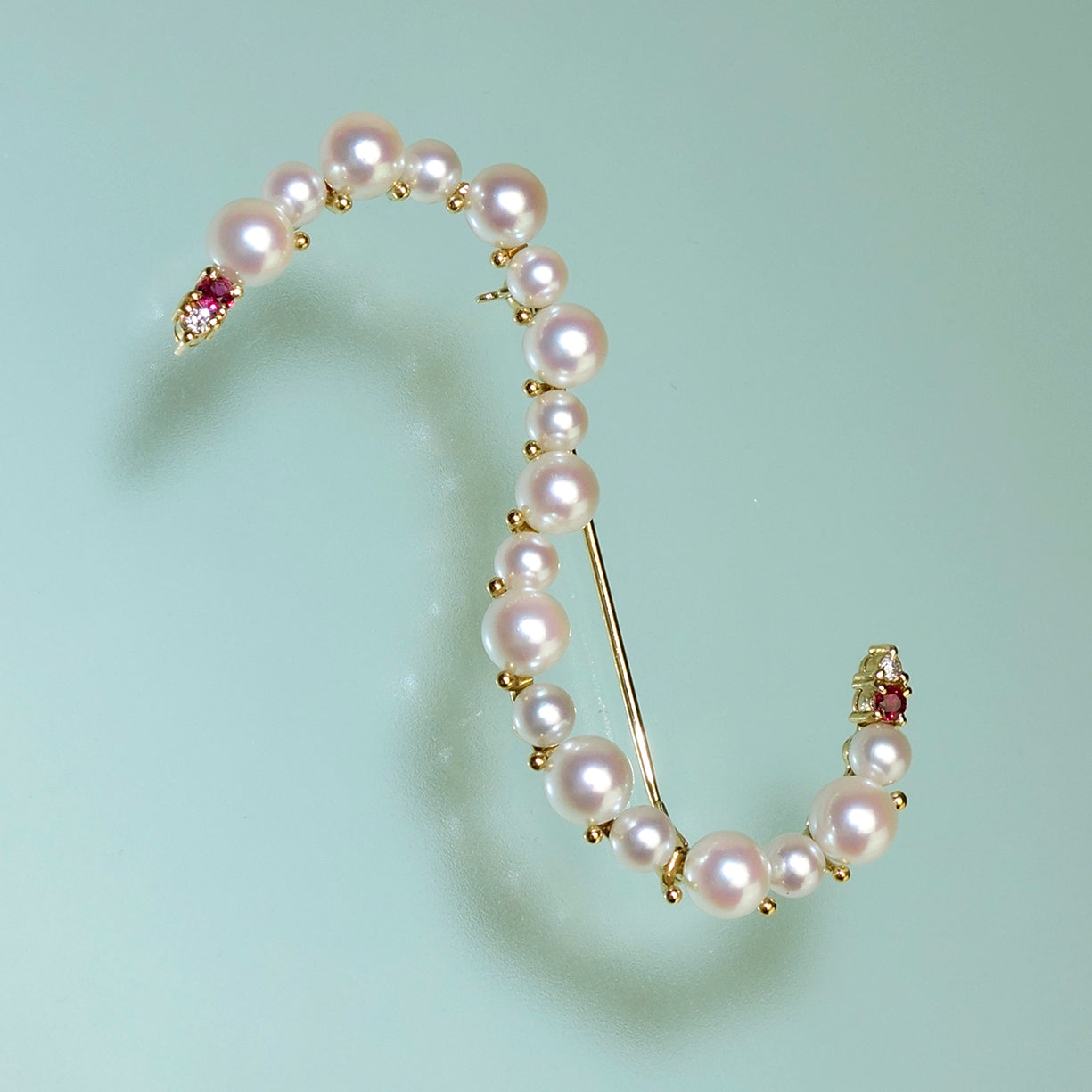 パールブローチ ピンク系のアコヤ真珠とルビーで作った高品質ブローチ-K18YG RR-P18-Ru-D-K18