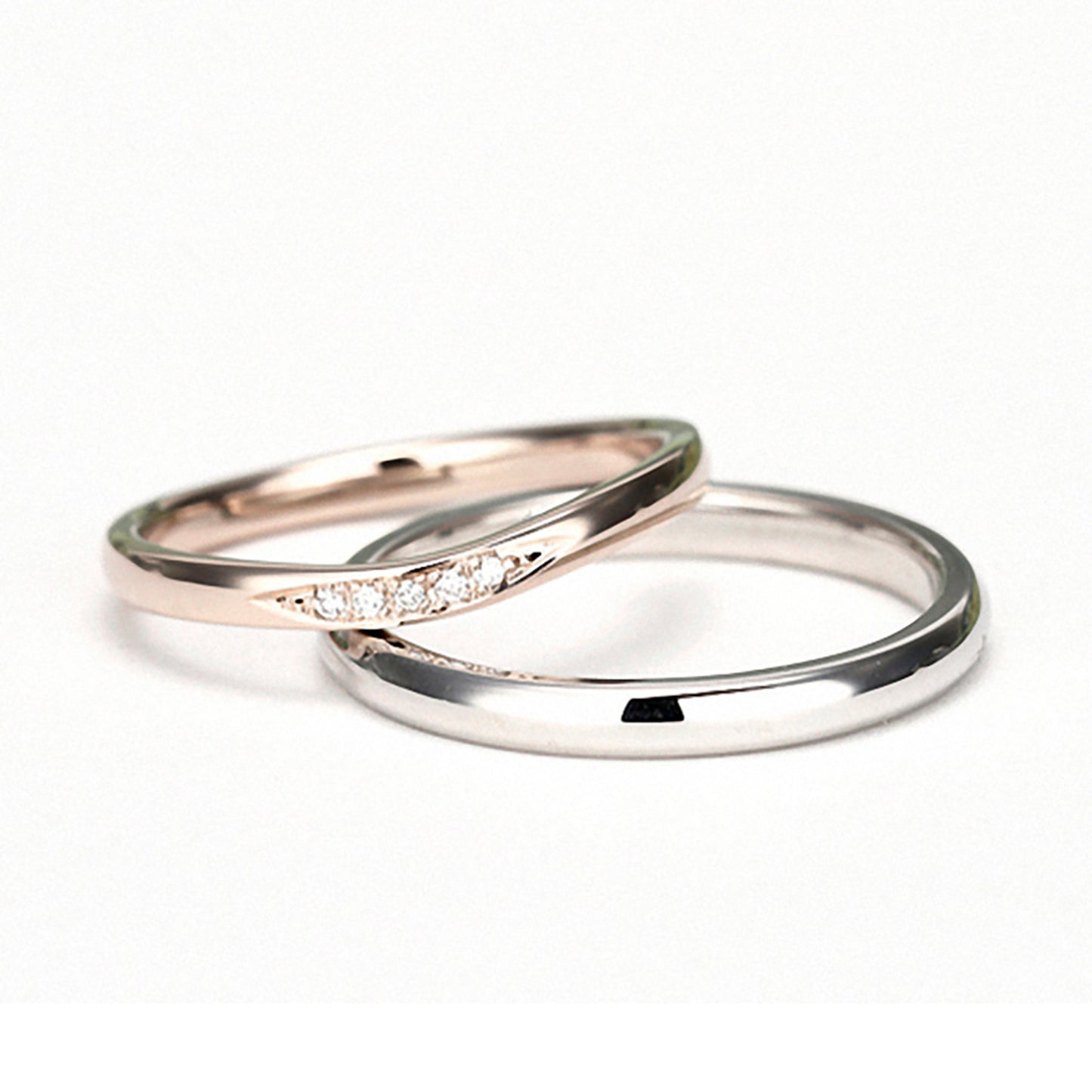 【鍛造】結婚指輪ペアCLG/Pt 女性用は肌色に馴染む淡いピンクゴールドのU字デザイン H&Cダイヤモンドを使用 変形やキズに非常に強い高品質鍛造リング MpKK82-20Dh5-K18CLG-KK80-25-Pt