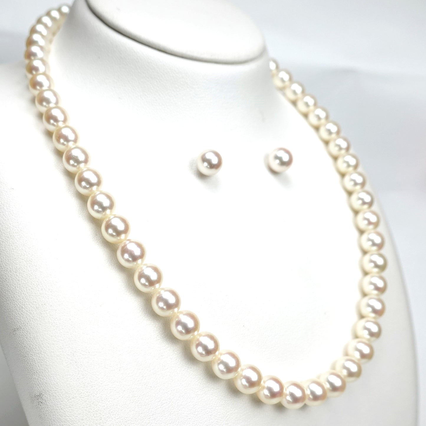 【花珠（無調色）】真珠ネックレス＋イヤリング（ピアス）セット 無調色では珍しいピンク系の明るい感じの色 PNE-H75-7.5〜8.0mm-MM…126