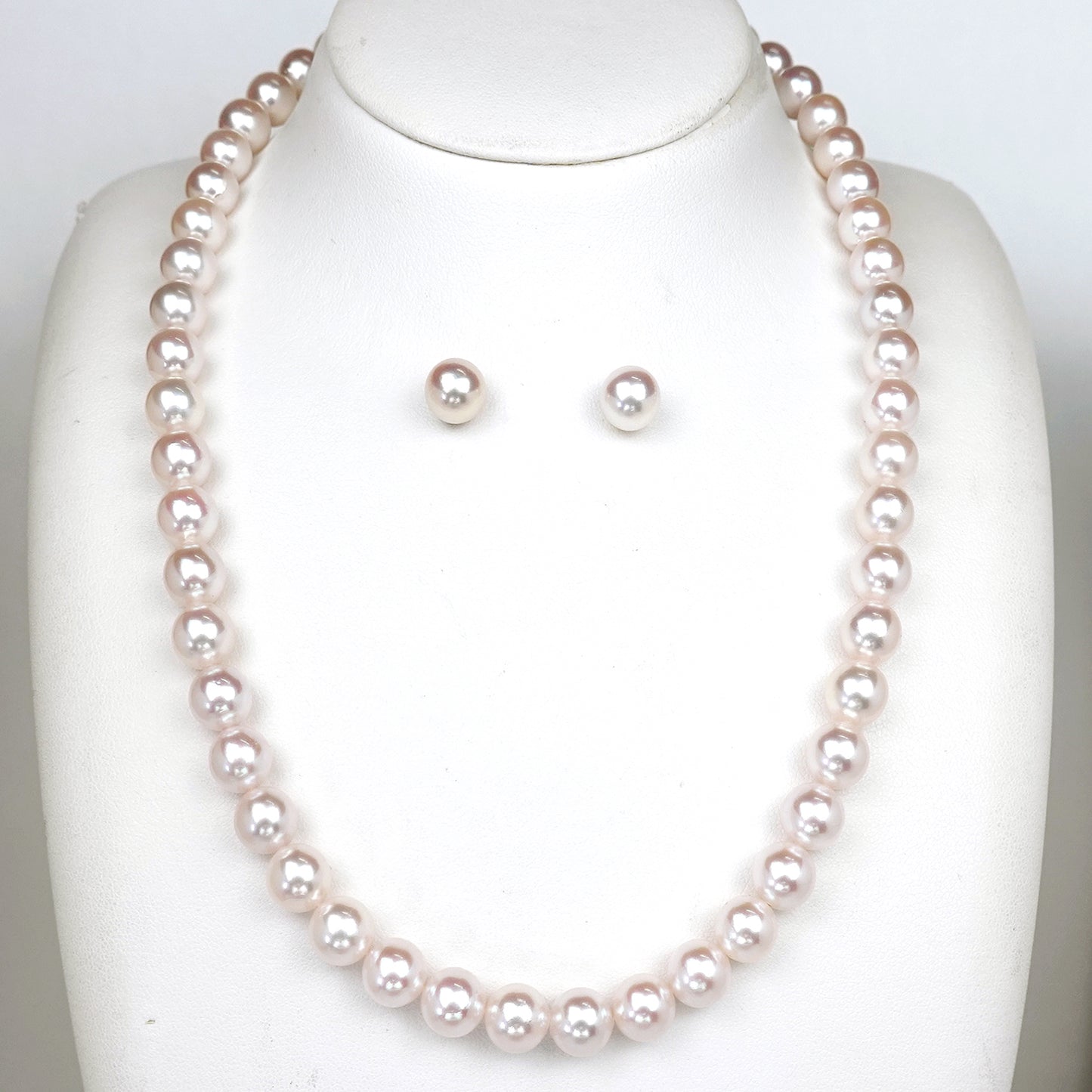 真珠ネックレス＋イヤリング（ピアス）セット-8.0〜8.5mm 花珠に引けを取らないピンク系の色・照りのキレイな真珠 PNE80-OK22122601