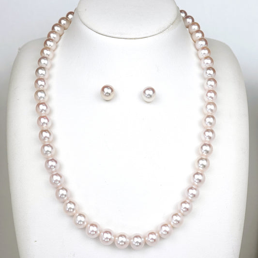 真珠ネックレス＋イヤリング（ピアス）セット-8.0〜8.5mm 花珠に引けを取らないピンク系の色・照りのキレイな真珠 PNE80-OK22122601