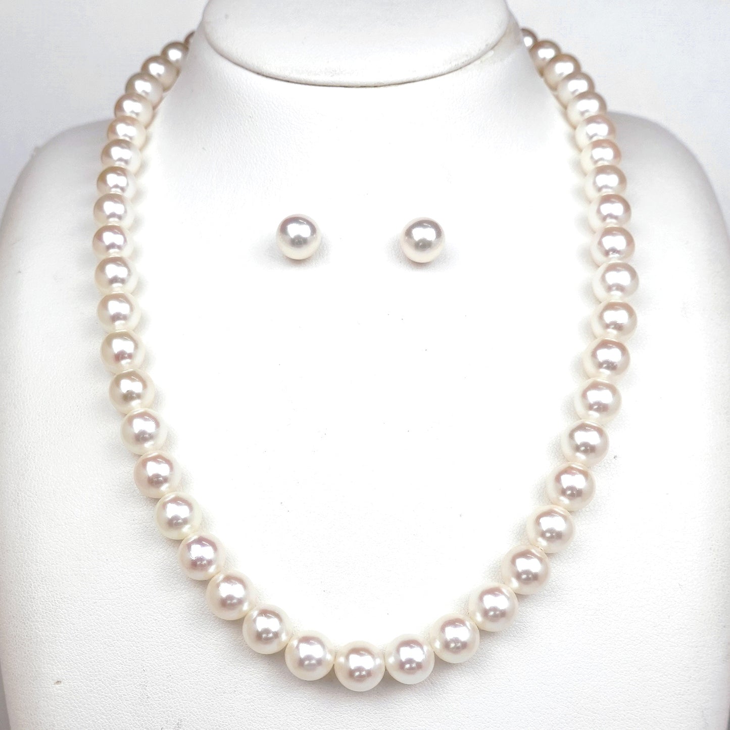 真珠ネックレス＋ピアス（イヤリング）セット 淡いピンク系のキズが少ない照りの良いパール（8.0〜8.5mm） PNE80-OK20042102