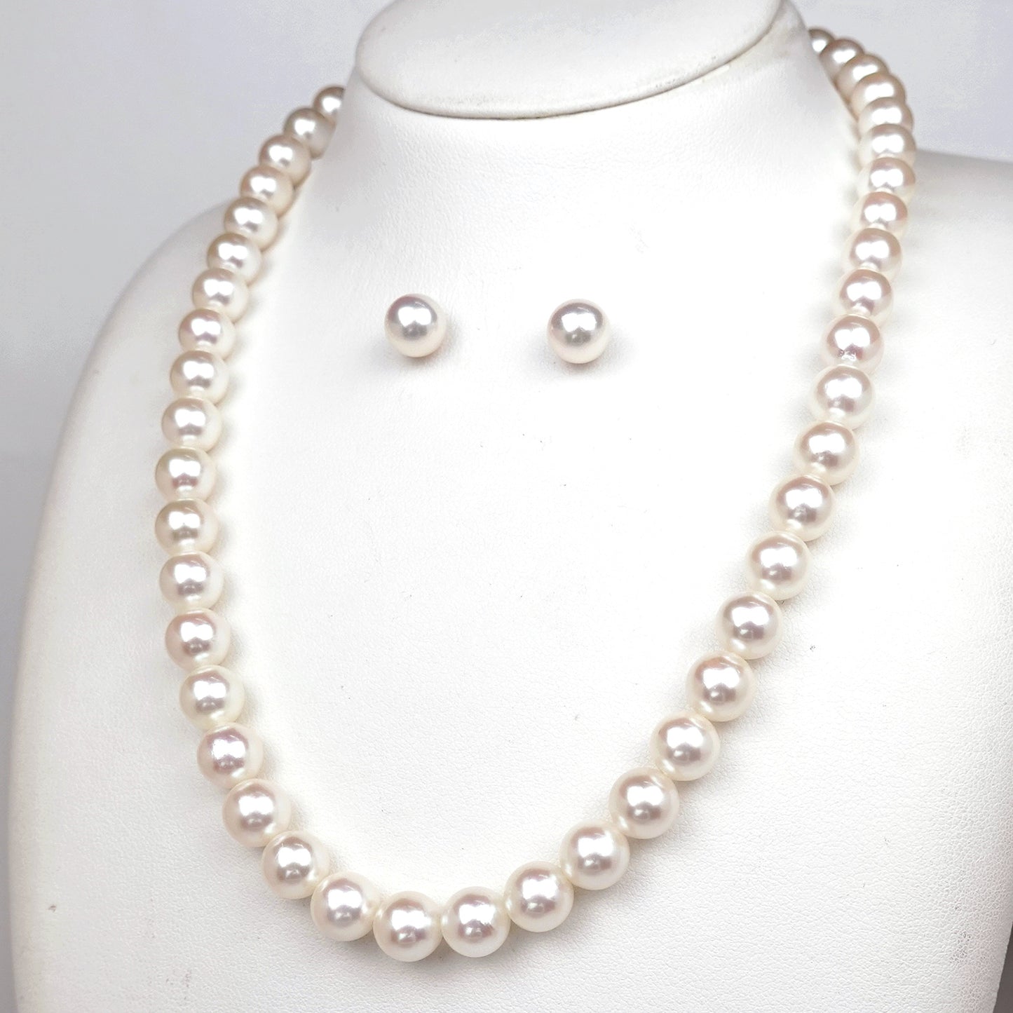 真珠ネックレス＋ピアス（イヤリング）セット 淡いピンク系のキズが少ない照りの良いパール（8.0〜8.5mm） PNE80-OK20042102