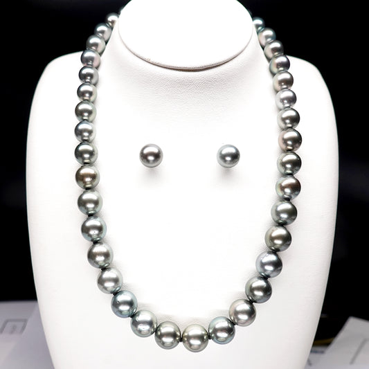 【特別価格】黒蝶真珠ネックレス＋イヤリング（ピアス）セット【オーロラ(OceanBlue)オーシャンブルー】 ブルーグレー系で色照りが非常に良い高品質な真珠【真珠科学研究所鑑定鑑別書付】 N-KC-OCB-9.0～11.9mm-SKXXX298