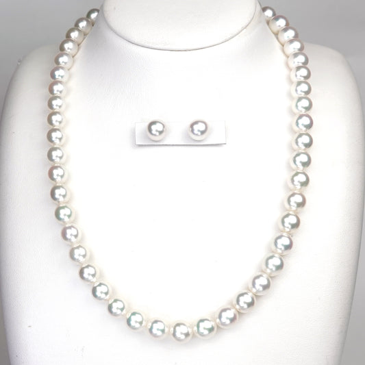 【オーロラRose 無調色】真珠ネックレス＋ピアス（イヤリング）セット 落ち着きのある上品なシルバーホワイト系で最上級の照りのパール（8.0〜8.5mm） PNE80-オーロラRoseMc-SK-XXX004