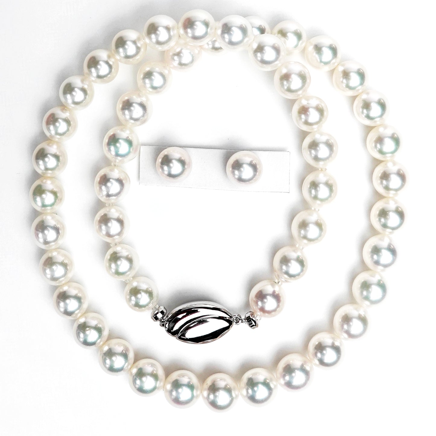 【オーロラRose 無調色】真珠ネックレス＋ピアス（イヤリング）セット 落ち着きのある上品なシルバーホワイト系で最上級の照りのパール（8.0〜8.5mm） PNE80-オーロラRoseMc-SK-XXX004