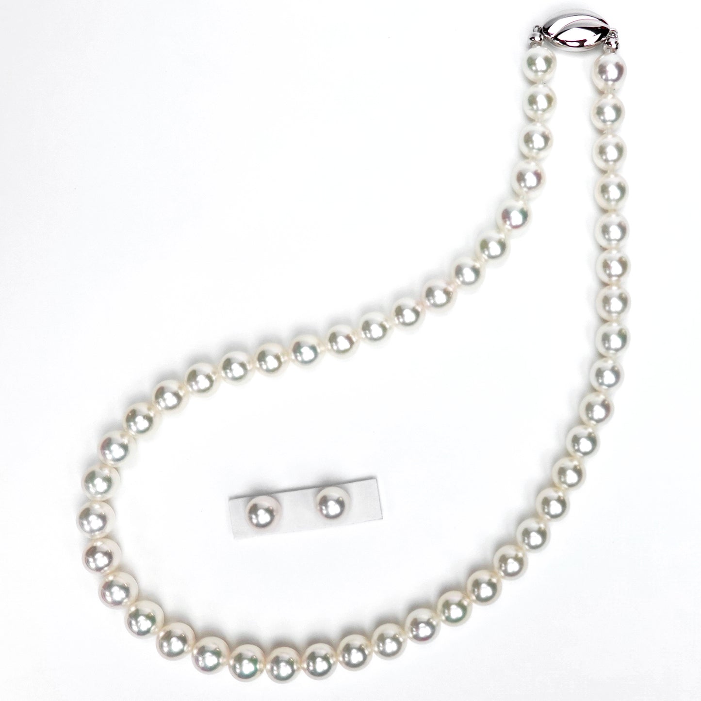 【オーロラRose 無調色】真珠ネックレス＋ピアス（イヤリング）セット 落ち着きのある上品なシルバーホワイト系で最上級の照りのパール（8.0〜8.5mm） PNE80-オーロラRoseMc-SK-XXX004